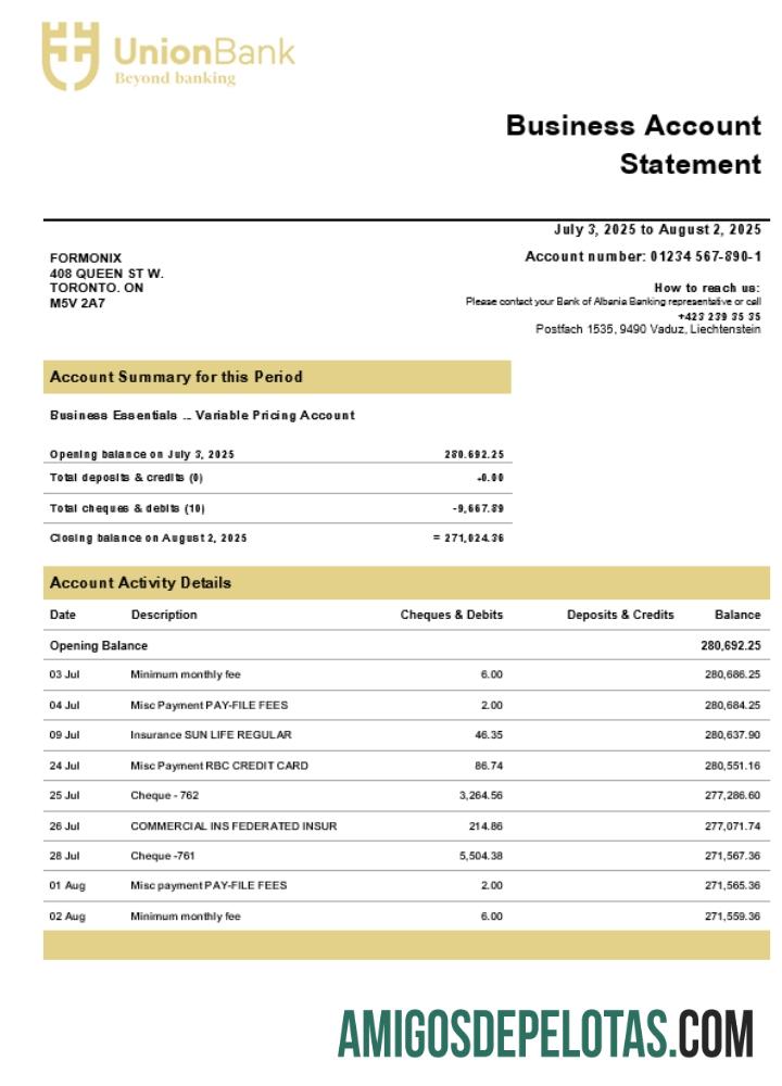 Realista Union Bank AG Company Extrato de conta corrente modelo Word e PDF (1)